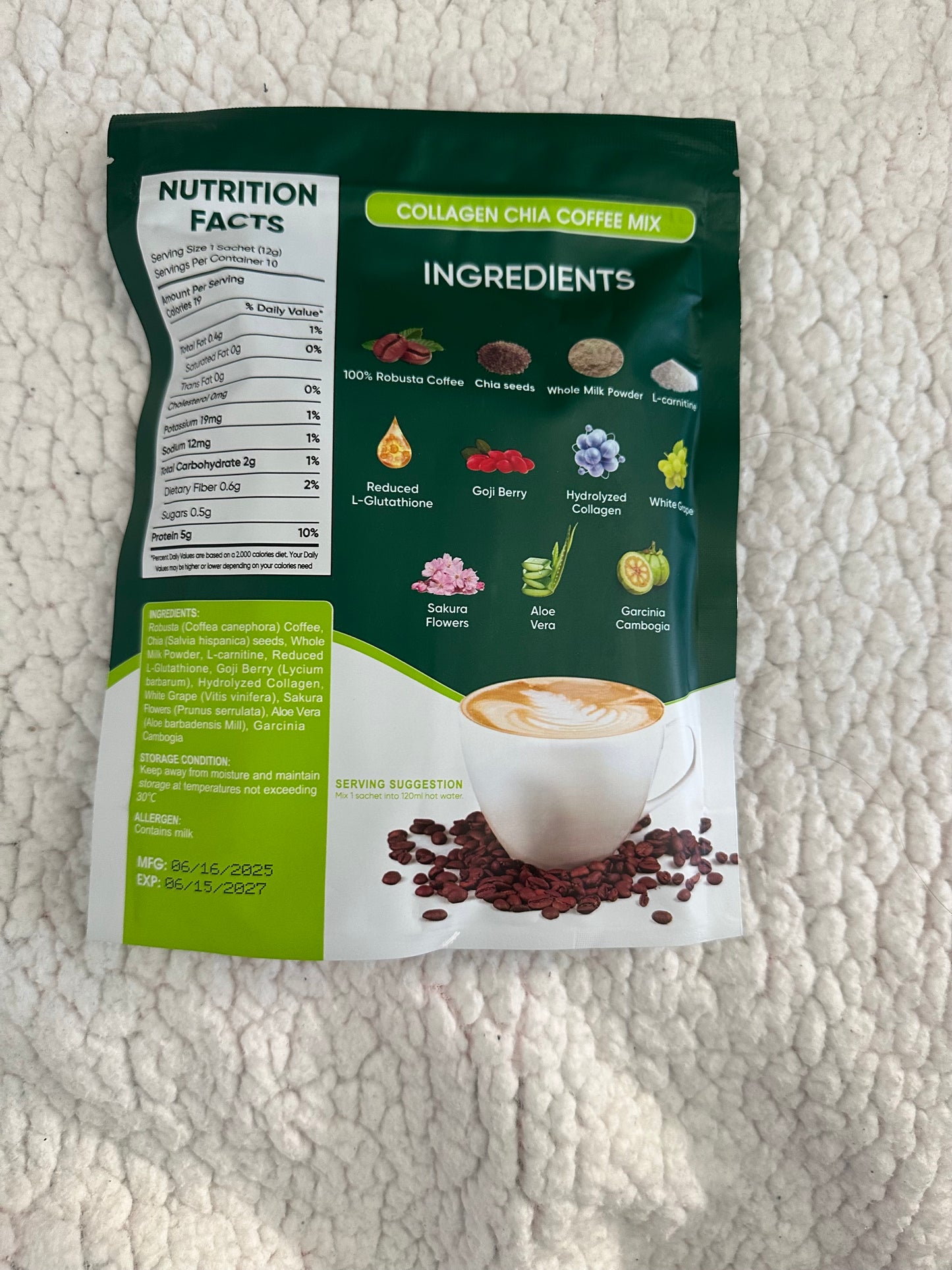 Fitgum Collagen Chia Coffee Mix 12g x 10 Sachets
