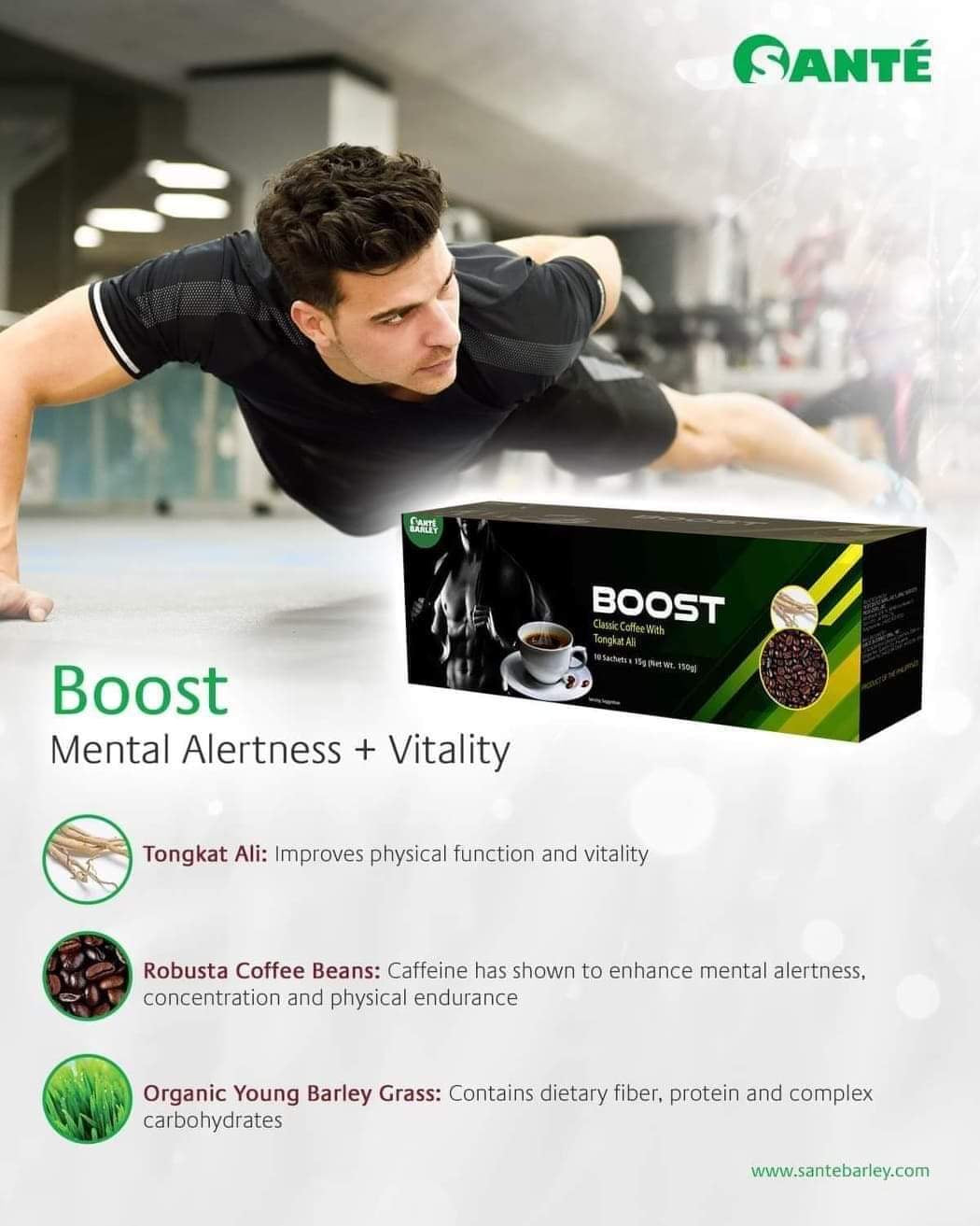 Sante Barley Boost Classic coffee with Tongkat Ali and Organic Barley Grass powder 10sachets