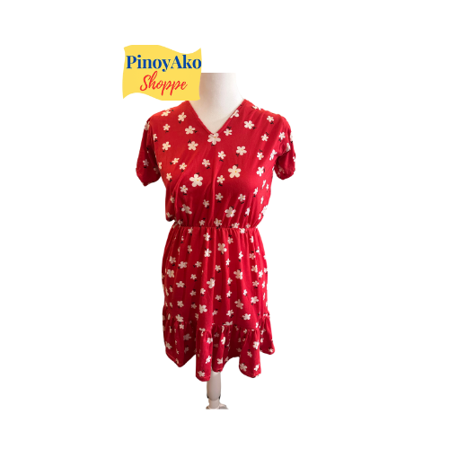 Beautiful Floral Red Dress V-Neck Small Filipino size