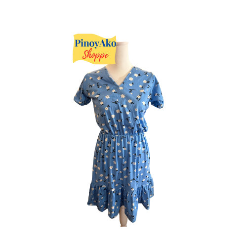 Beautiful Floral Dress V-Neck Blue - Small Filipino size